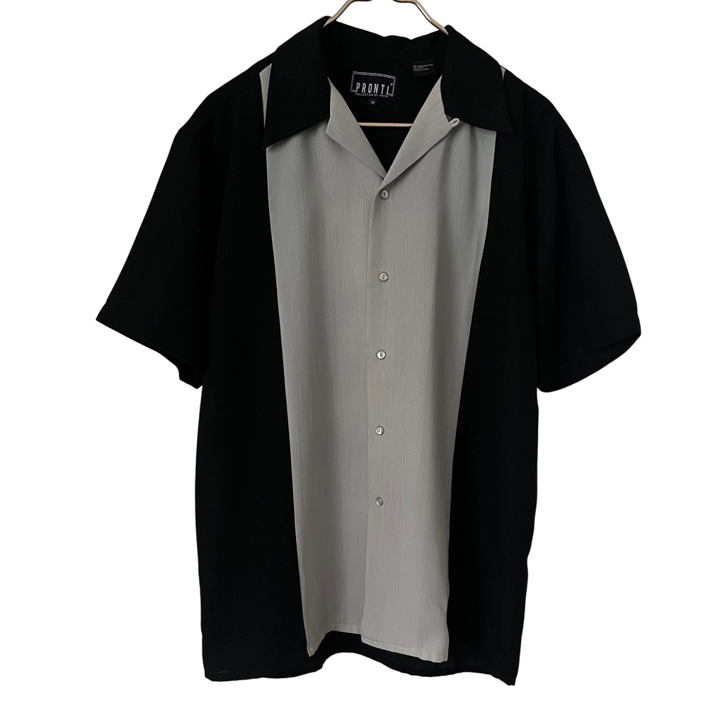Pronti minimalist preppy  Mens Medium Black Grey Color Block Bowling Shirt M